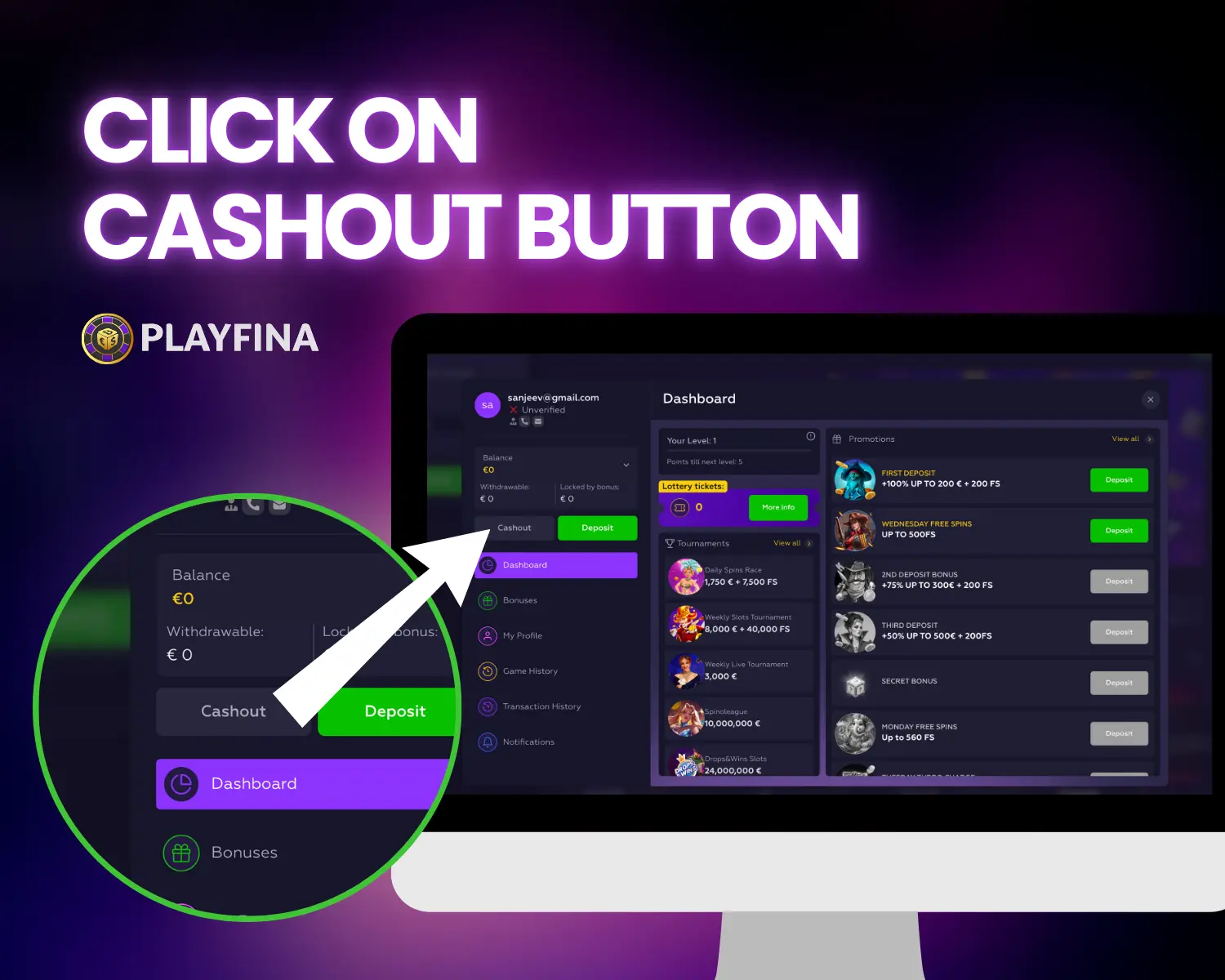 Click on cashout button for Withdraw money at playfina casino