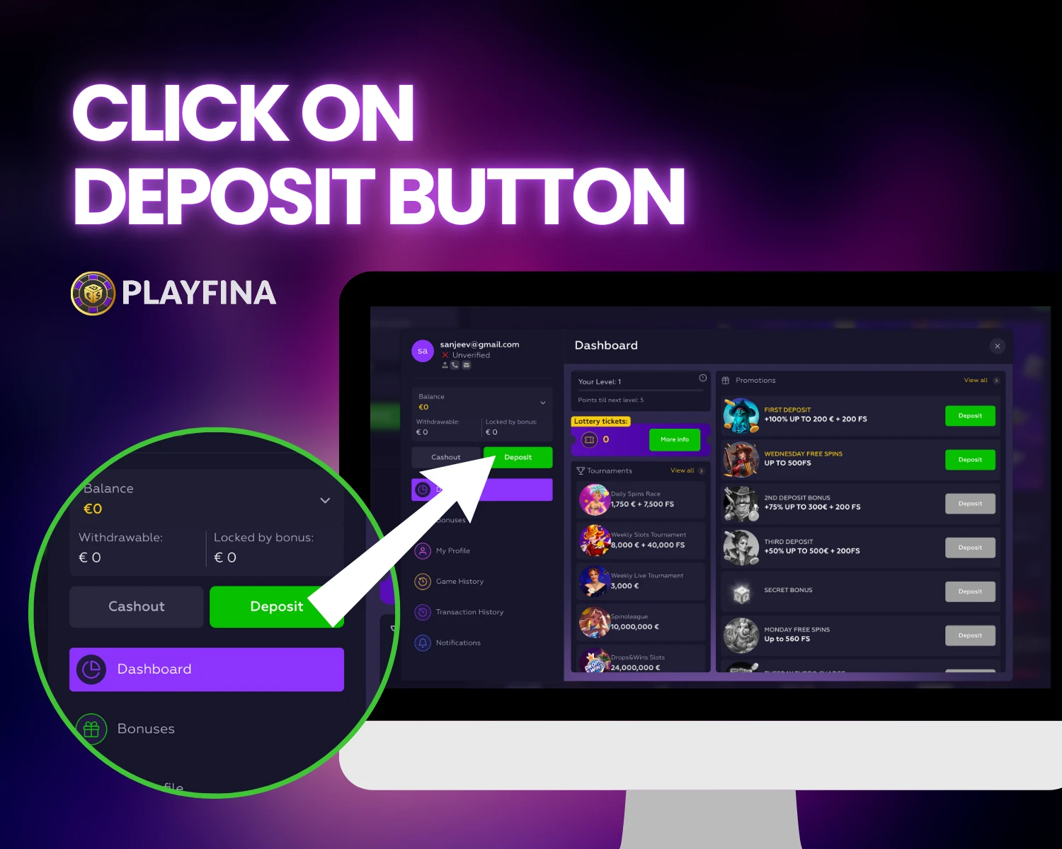 Click on deposit button for deposit money at playfina casino