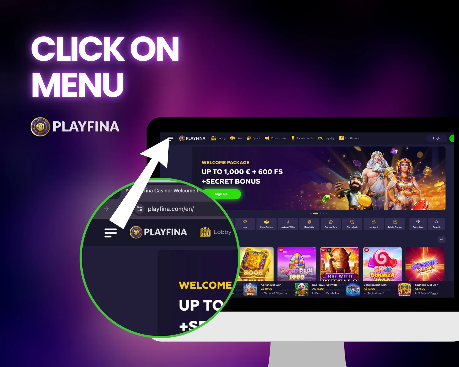 Click on menu of playfina casino