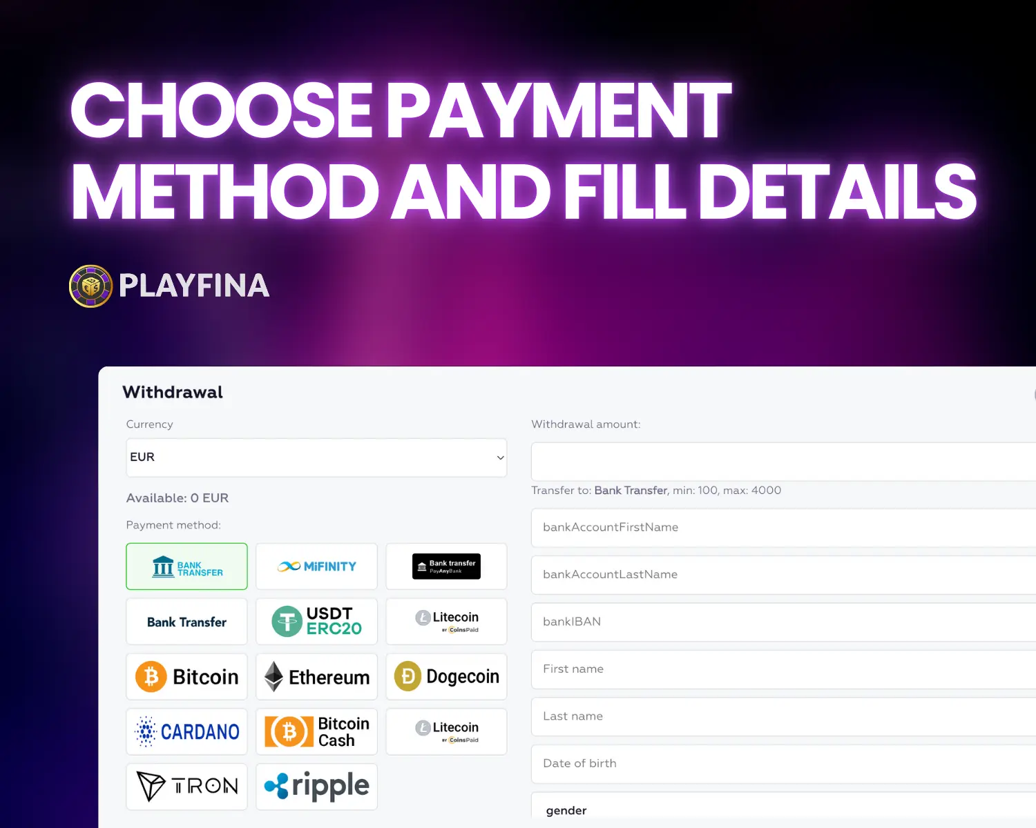 choose payment method for withdraw at playfina casino