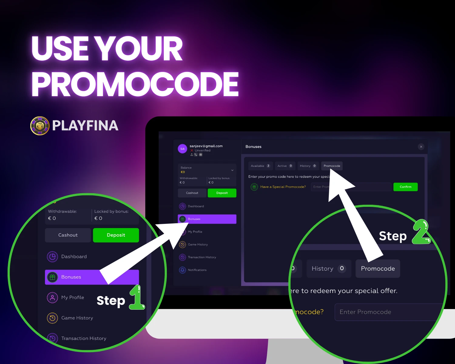 use your promocode at playfina casino